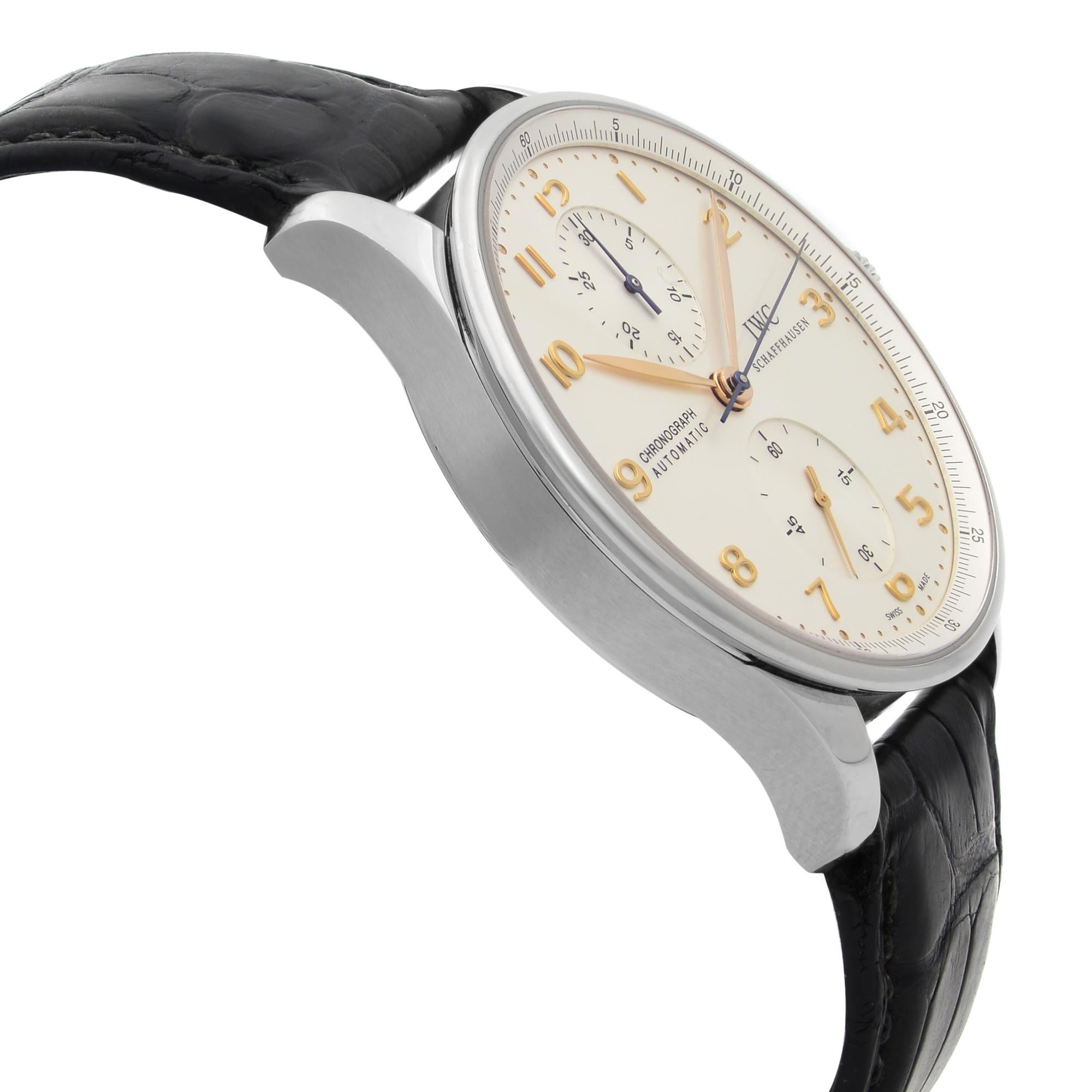 IWC Portugieser Leather Steel Silver Arabic Dial Automatic Men's Watch IW371604 In Good Condition In New York, NY