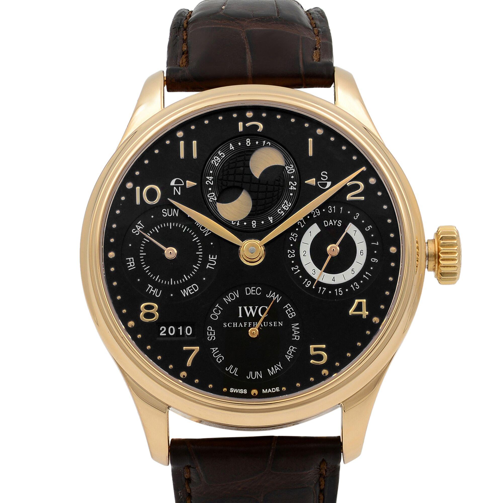 This pre-owned IWC Portugieser IW503202 is a beautiful men's timepiece that is powered by a mechanical (automatic) movement which is cased in a rose gold case. It has a round shape face, day & date, moon phase dial, and has hand Arabic numerals