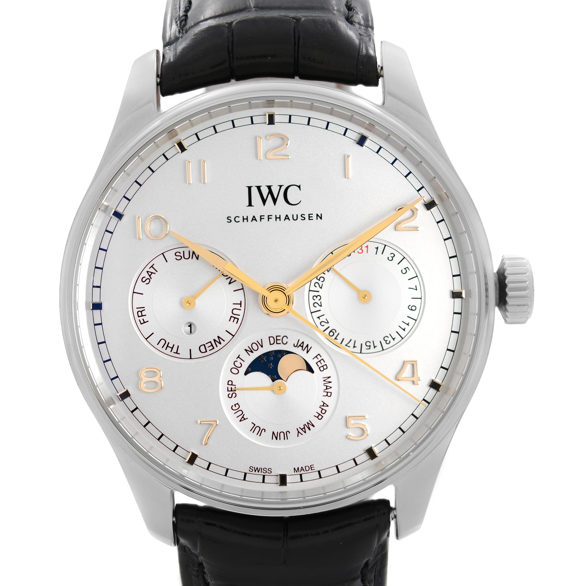 Store Display Model IWC Portugieser 42mm Steel Perpetual Calendar Automatic Men's Watch IW344203. This Beautiful Timepiece is Powered by Mechanical (Automatic) Movement And Features: Round Stainless Steel Case with a Black Alligator Leather Strap,