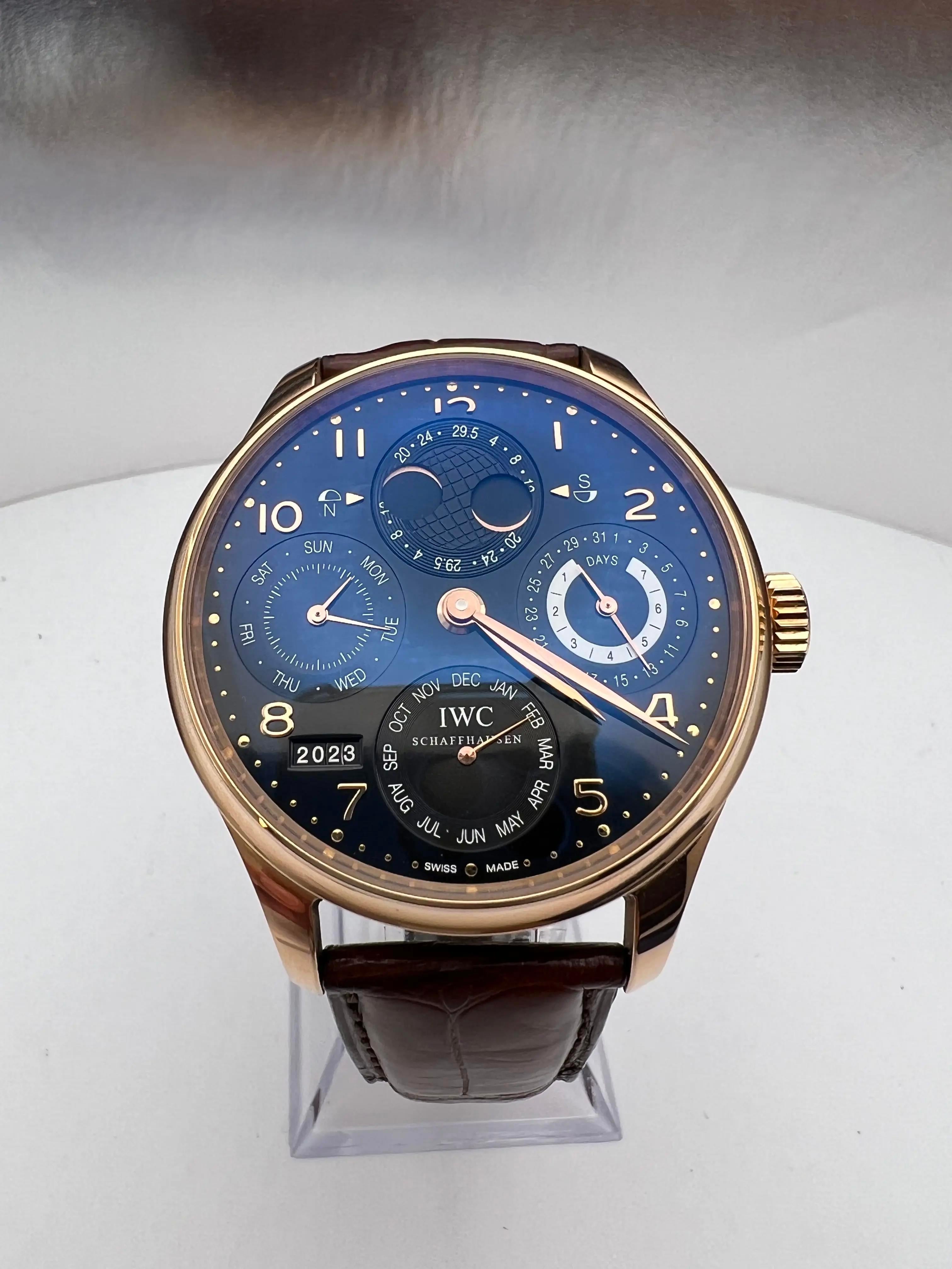 L'IWC Portugieser Perpetual Calendar (référence IW503202) est un garde-temps distingué qui illustre l'engagement d'IWC à associer un design classique à un savoir-faire sophistiqué. Fabriqué en or rose 18 carats, le boîtier de 44,2 mm présente une