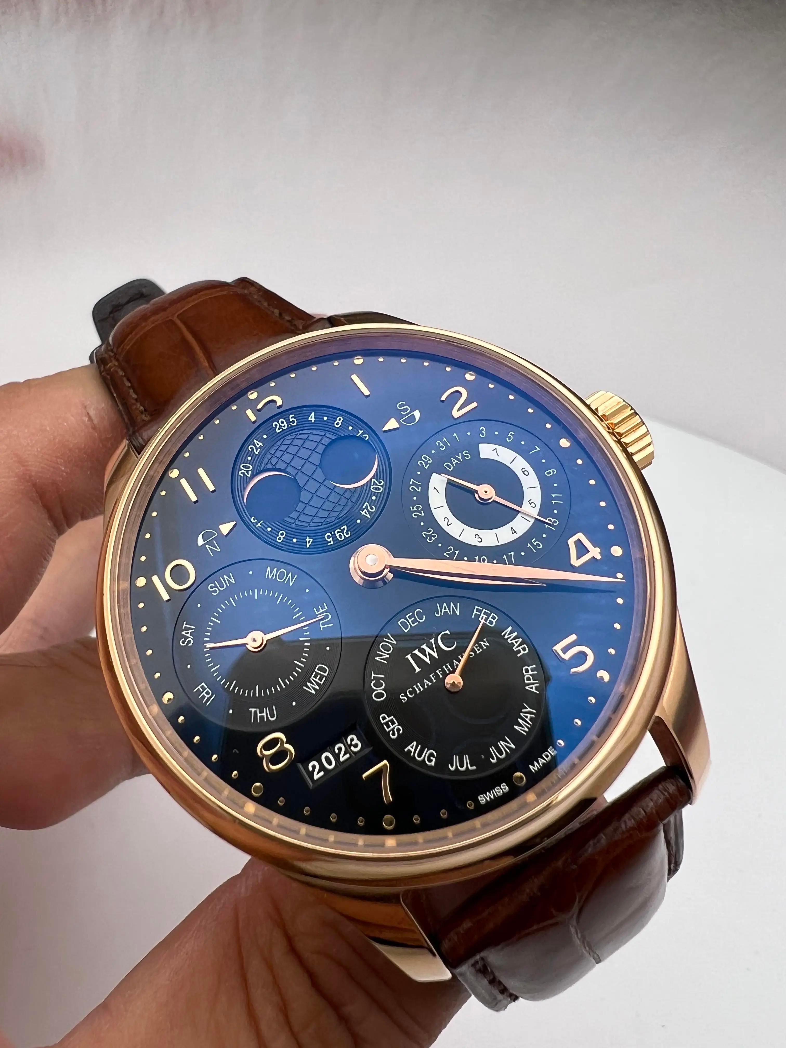 IWC Portugieser Perpetual Calendar 44mm 18K Rose Gold Black Dial IW503202 Papers Pour hommes en vente