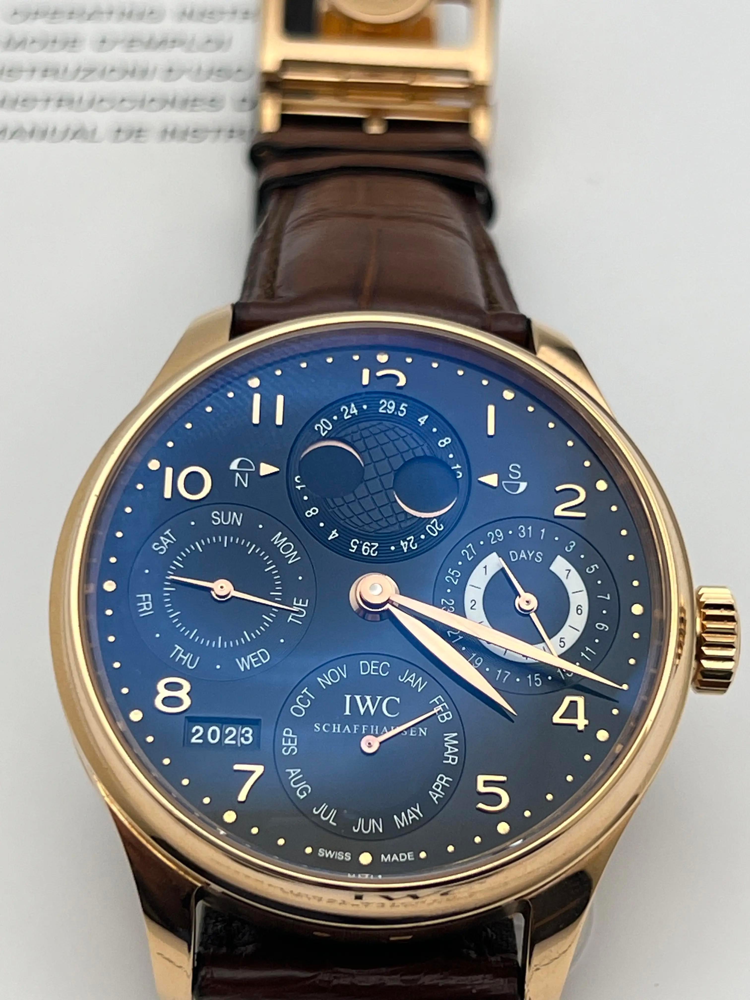 IWC Portugieser Perpetual Calendar 44mm 18K Rose Gold Black Dial IW503202 Papers en vente 1