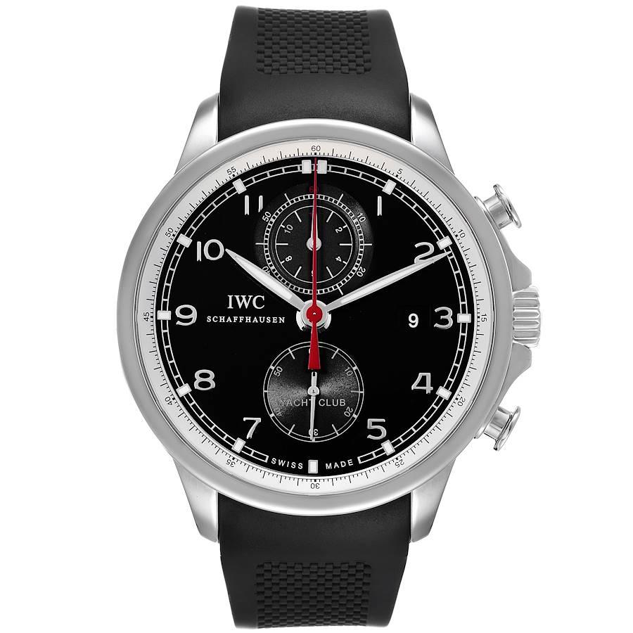 IWC Portugieser Yacht Club Chronograph Black Dial Steel Mens Watch IW390210. Automatic self-winding movement with 68 hour power reserve. Stainless steel case 45.4 mm in diameter. Exhibition sapphire case back. Stainless steel smooth bezel. Scratch