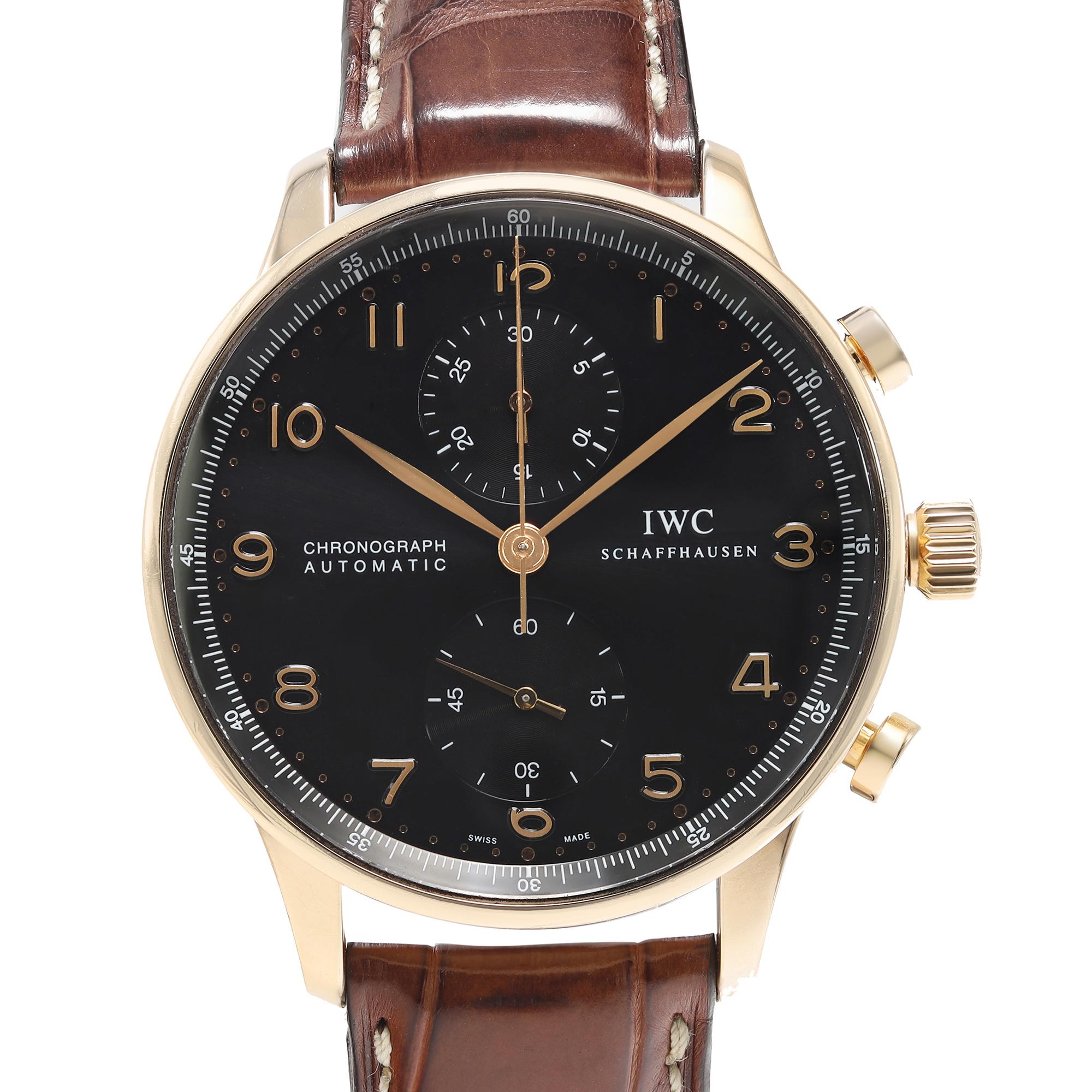 Pre-owned IWC Portuguese 41mm 18k Rose Gold Black Dial Automatic Men Watch IW371415. It is powered by a mechanical (automatic) movement. The dial of this watch has a dent visible under certain angles and direct exposure to light as visible on