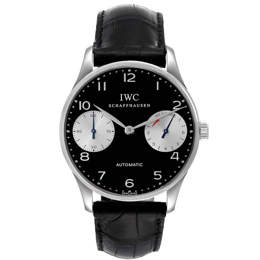 IWC Portuguese 7 Day Black Dial Limited Edition Steel Mens Watch IW500001. Automatic self-winding movement with 7 day power reserve. Stainless steel case 42 mm in diameter. Exhibition sapphire caseback. Watch number engraved on side of case. .
