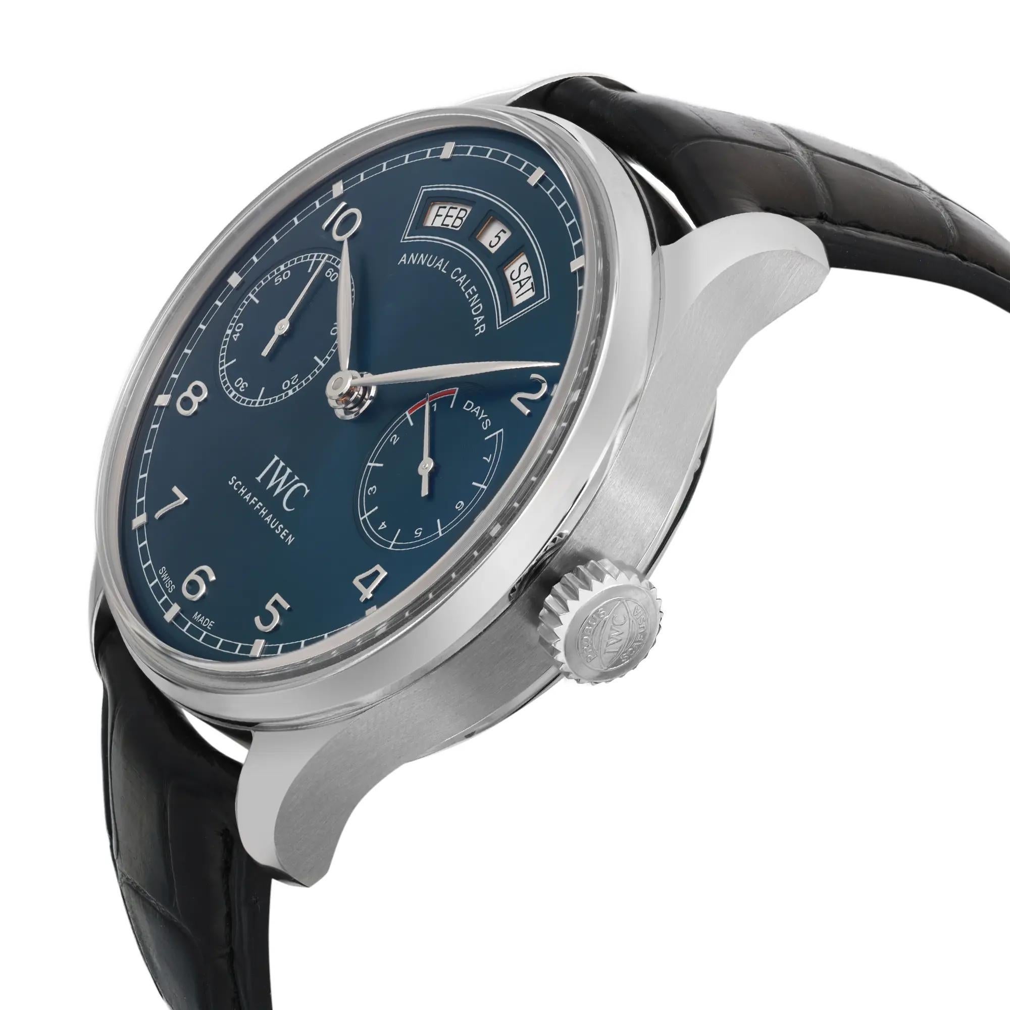 IWC Portugués Calendario Anual Acero Esfera Azul Reloj Automático Hombre IW503502 en Excelente estado para la venta en New York, NY