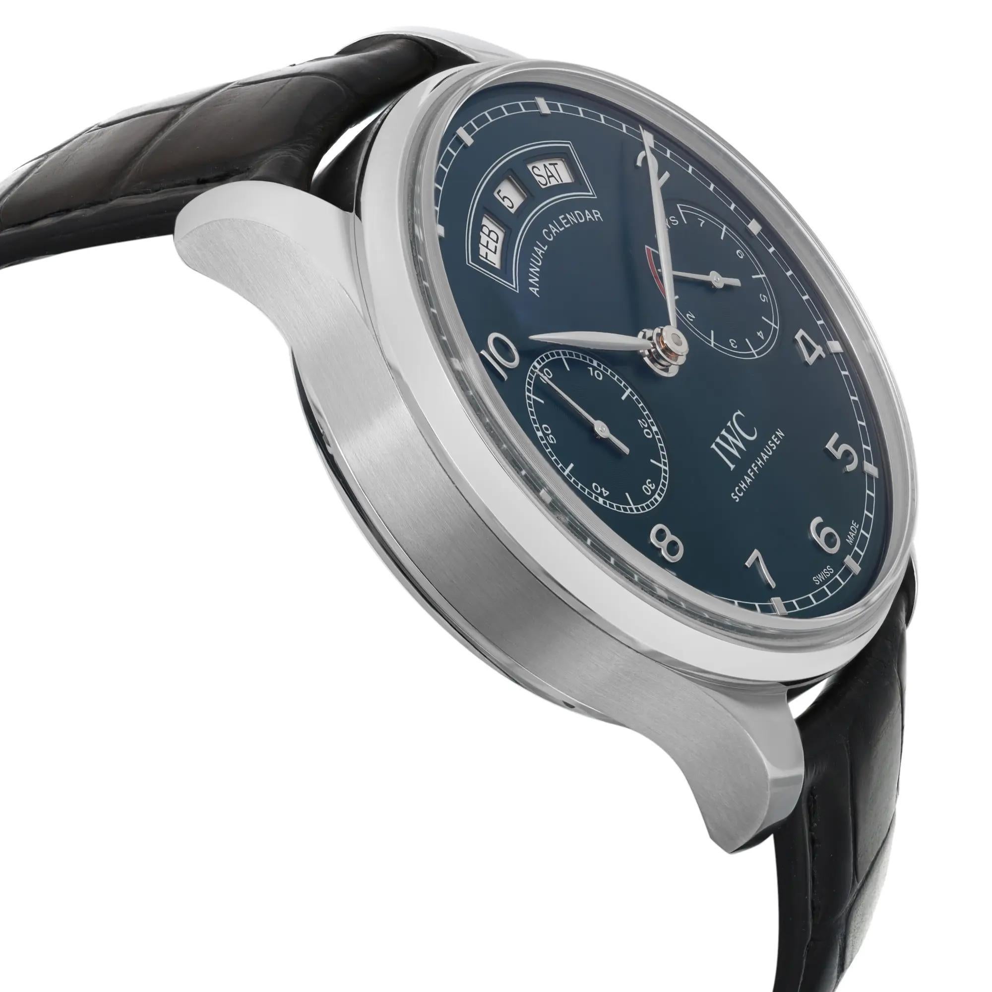 De los hombres IWC Portugués Calendario Anual Acero Esfera Azul Reloj Automático Hombre IW503502 en venta