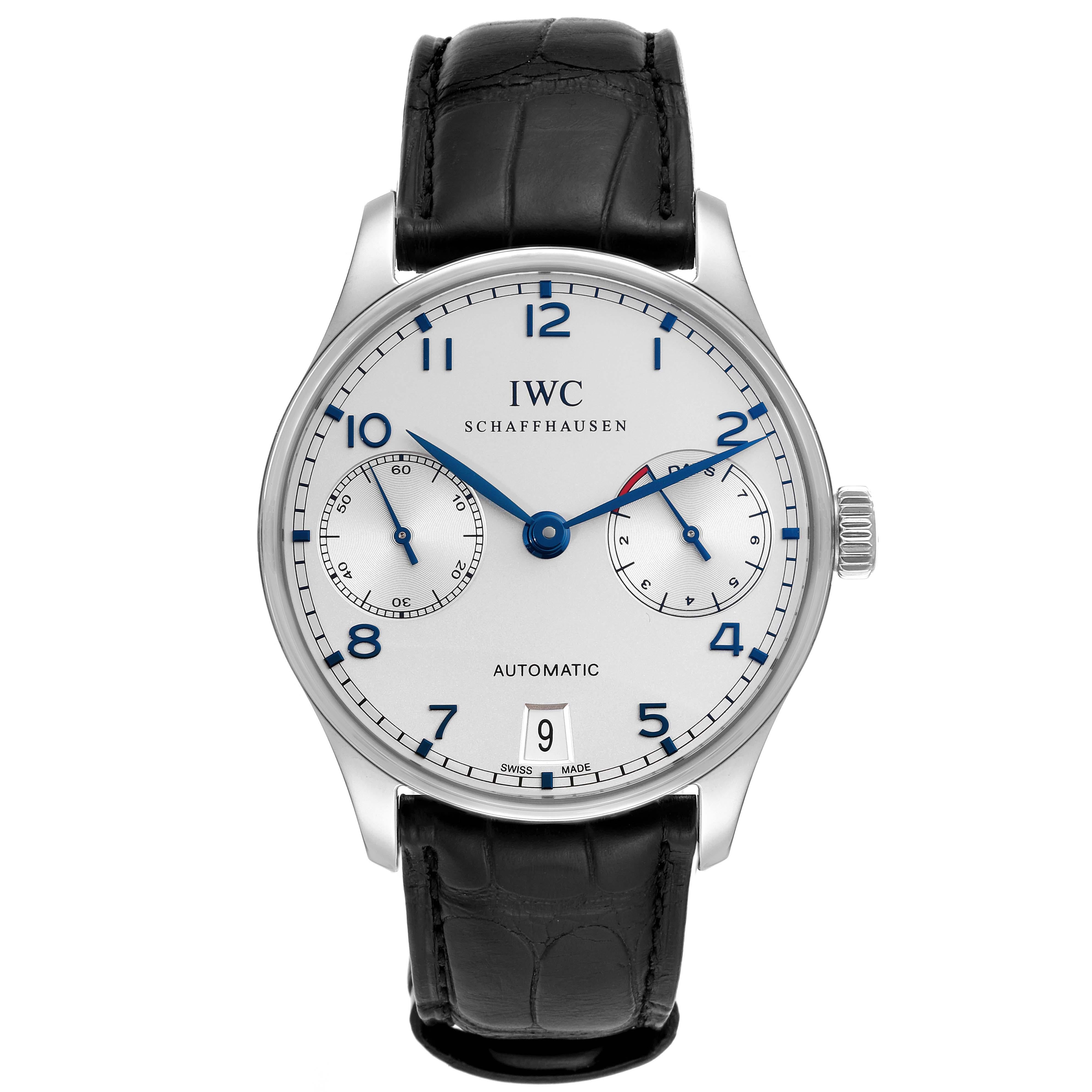 IWC Portuguese Automatic Silver Dial Steel Mens Watch IW500107 Box Card In Excellent Condition In Atlanta, GA