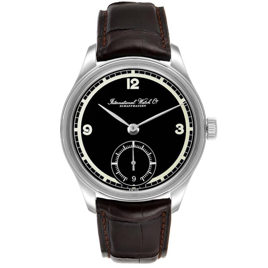 IWC Portuguese Black Dial Manual Wind Steel Mens Watch IW510205. Manual winding movement. Stainless steel case 43.0 mm in diameter. Case thickness 12 mm. Exhibition transparent sapphite crystal case back. Stainless steel bezel. Scratch resistant