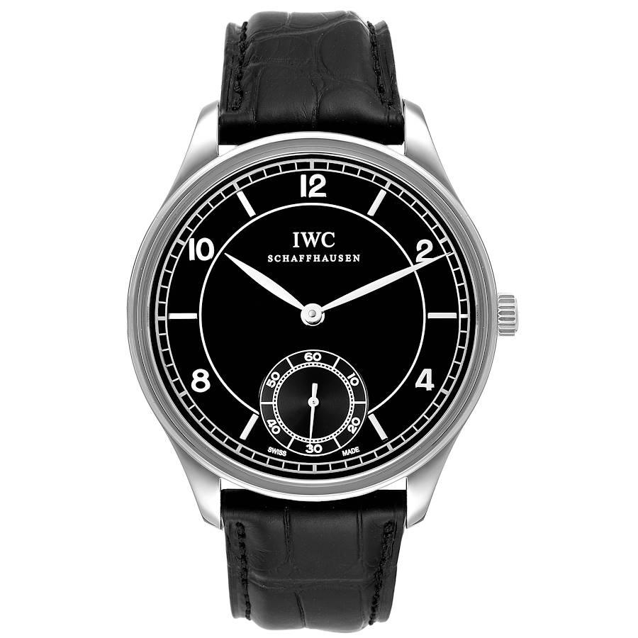 IWC Portuguese Black Dial Vintage Steel Mens Watch IW544501 Service Papers. Manual winding movement. Stainless steel case 44.0 mm in diameter. Case thickness 10 mm. Exhibition case back. Fixed stainless steel bezel. Scratch resistant apphire
