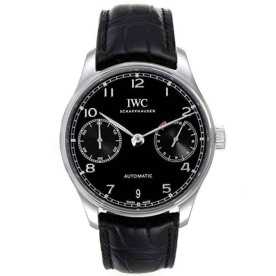 IWC Portuguese Chrono 7 Day Black Dial Steel Mens Watch IW500703 Box Card. Automatic self-winding chronograph movement. Stainless steel case 42.3 mm in diameter. Exhibition sapphire crystal caseback. . Scratch resistant sapphire crystal. Black dial