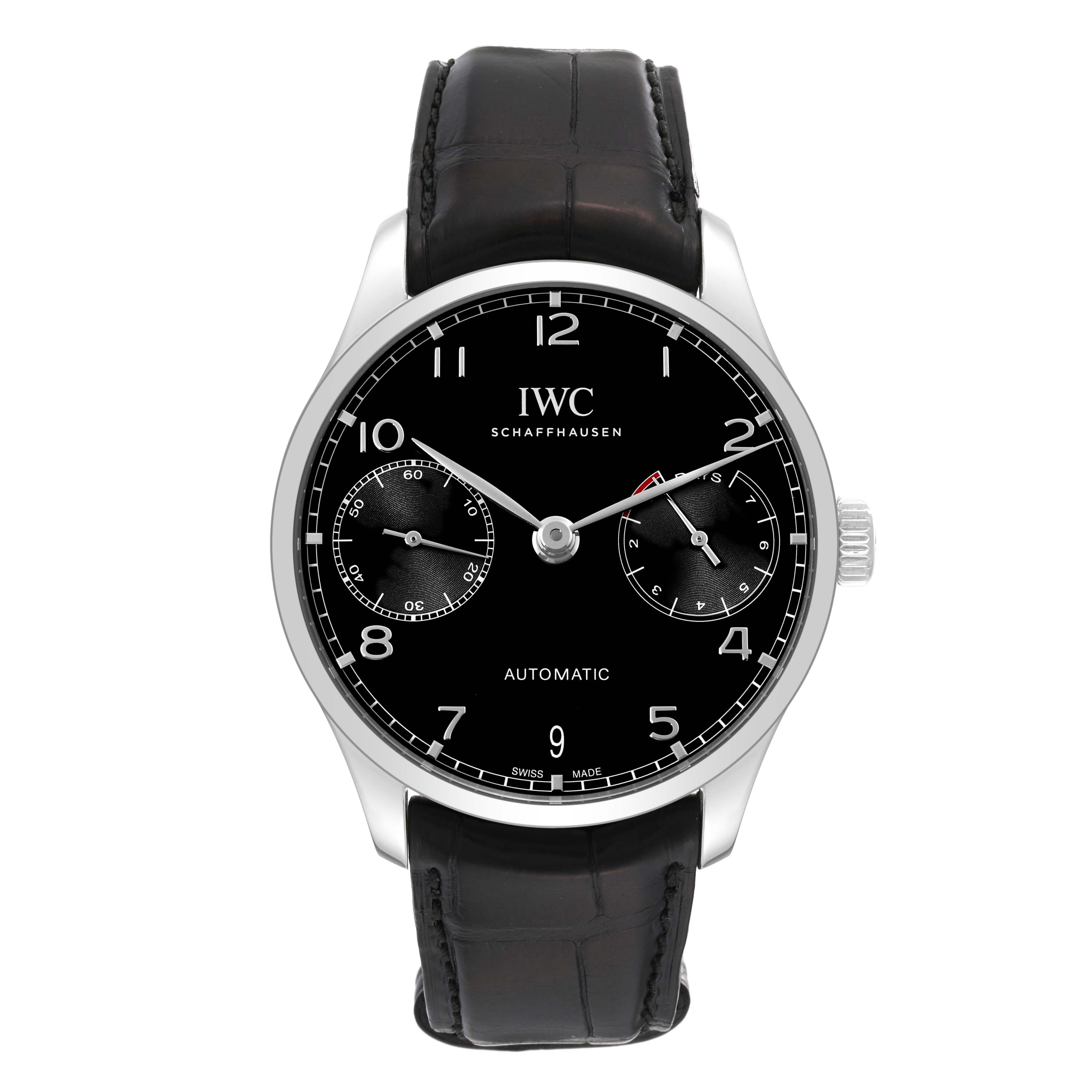 IWC Portuguese Chrono 7 Day Black Dial Steel Mens Watch IW500703 In Excellent Condition For Sale In Atlanta, GA