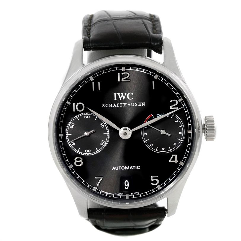IWC Portuguese Chrono 7 day Power Reserve Automatic Watch IW500109. Automatic self-winding movement. Stainless steel case 42.3 mm in diameter. Exhibition case back. Scratch resistant sapphire crystal. Black dial with arabic numerals. Stainless steel