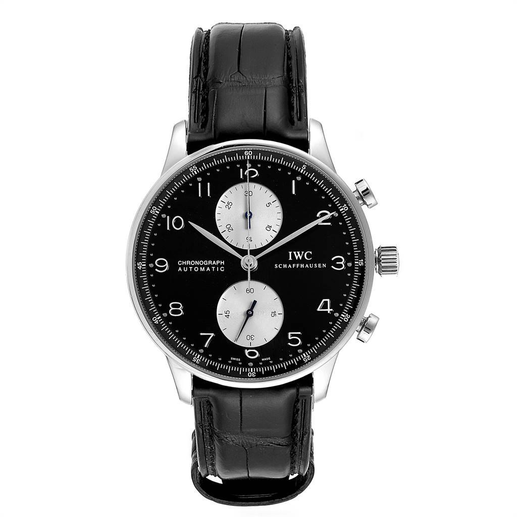 IWC Portuguese Chrono Automatic Steel Mens Watch IW371404. Automatic self-winding chronograph movement. Stainless steel case 40.9 mm in diameter. Stainless steel bezel. Scratch resistant sapphire crystal. Black dial with arabic numerals. Leaf shaped