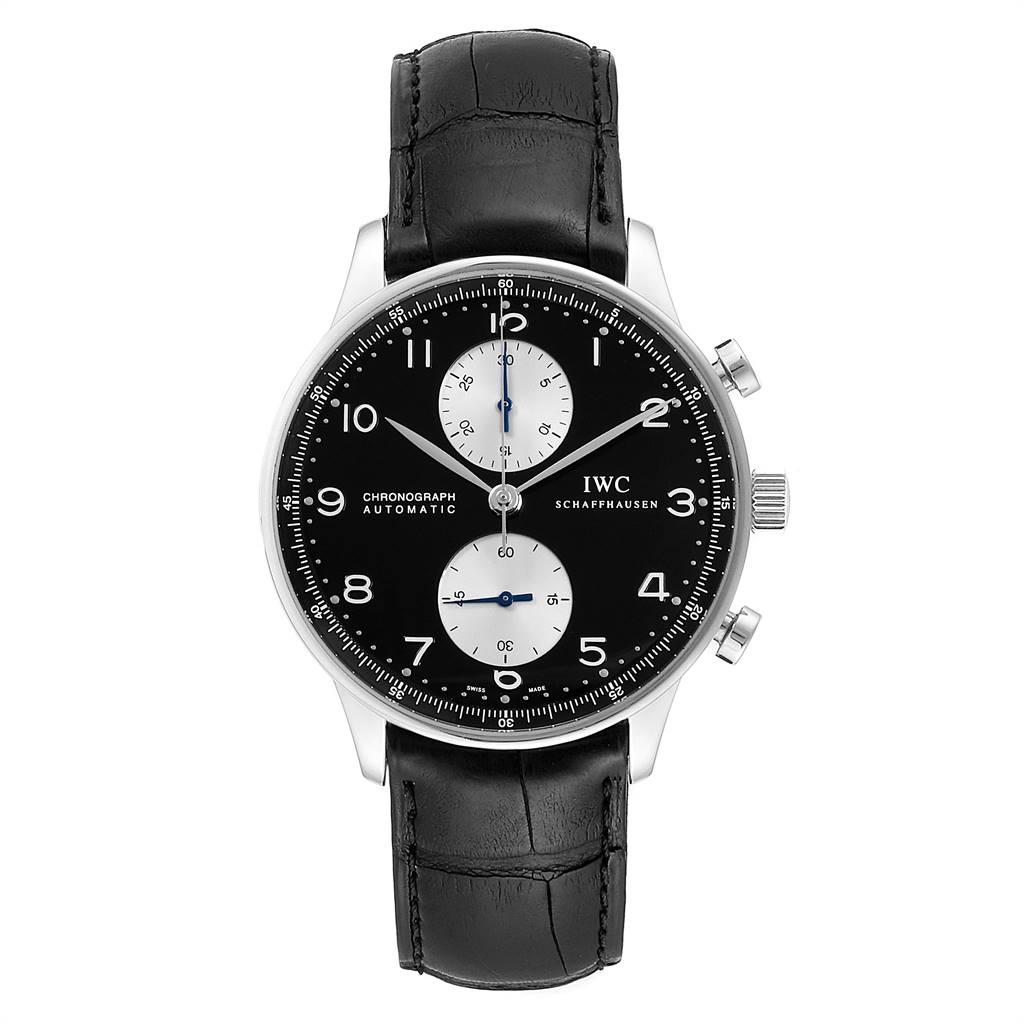 IWC Portuguese Chrono Automatic Steel Mens Watch IW371404. Automatic self-winding chronograph movement. Stainless steel case 40.9 mm in diameter. Stainless steel bezel. Scratch resistant sapphire crystal. Black dial with arabic numerals. Leaf shaped
