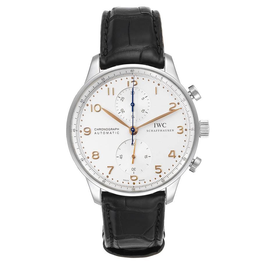IWC Portuguese Chrono Automatic Steel Mens Watch IW371445 Box Papers. Automatic self-winding movement. Stainless steel case 40.9 mm in diameter. . Sapphire crystal. Silver dial with recessed metallic silvered sub-dials and applied rose gold Arabic