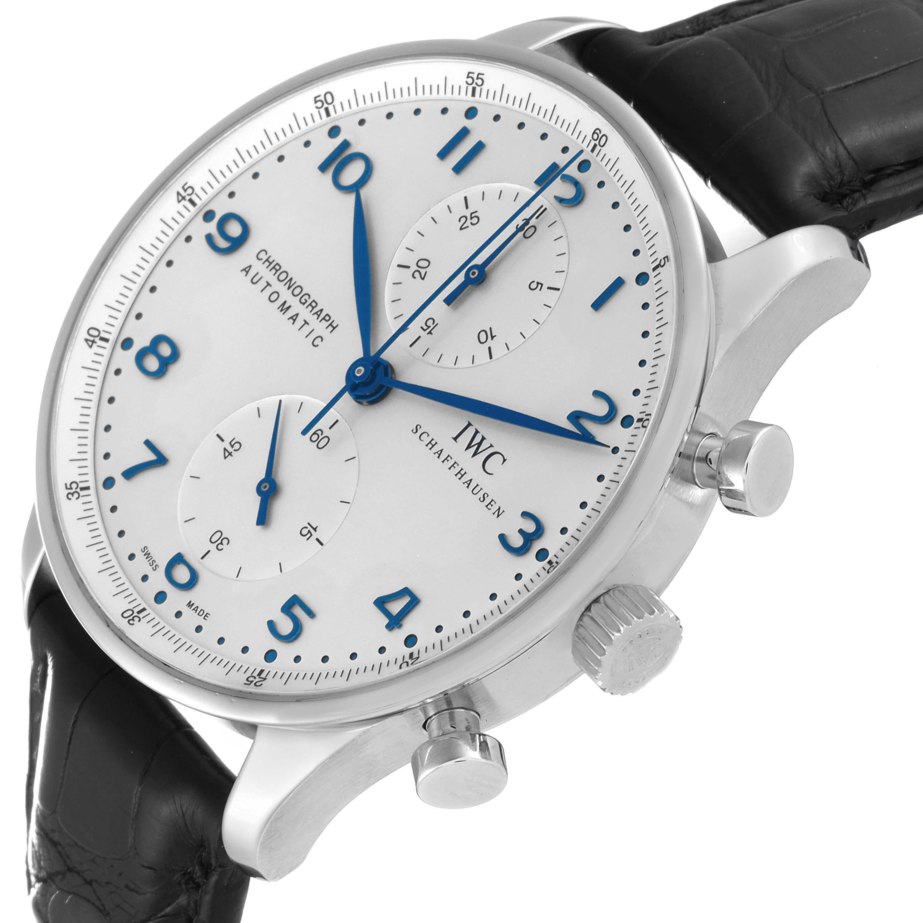 IWC Portuguese Chrono Silver Dial Blue Hands Steel Mens Watch IW371446. Automatic self-winding chronograph movement. Stainless steel case 40.9 mm in diameter. . Scratch resistant sapphire crystal. Silver dial with recessed metallic silvered