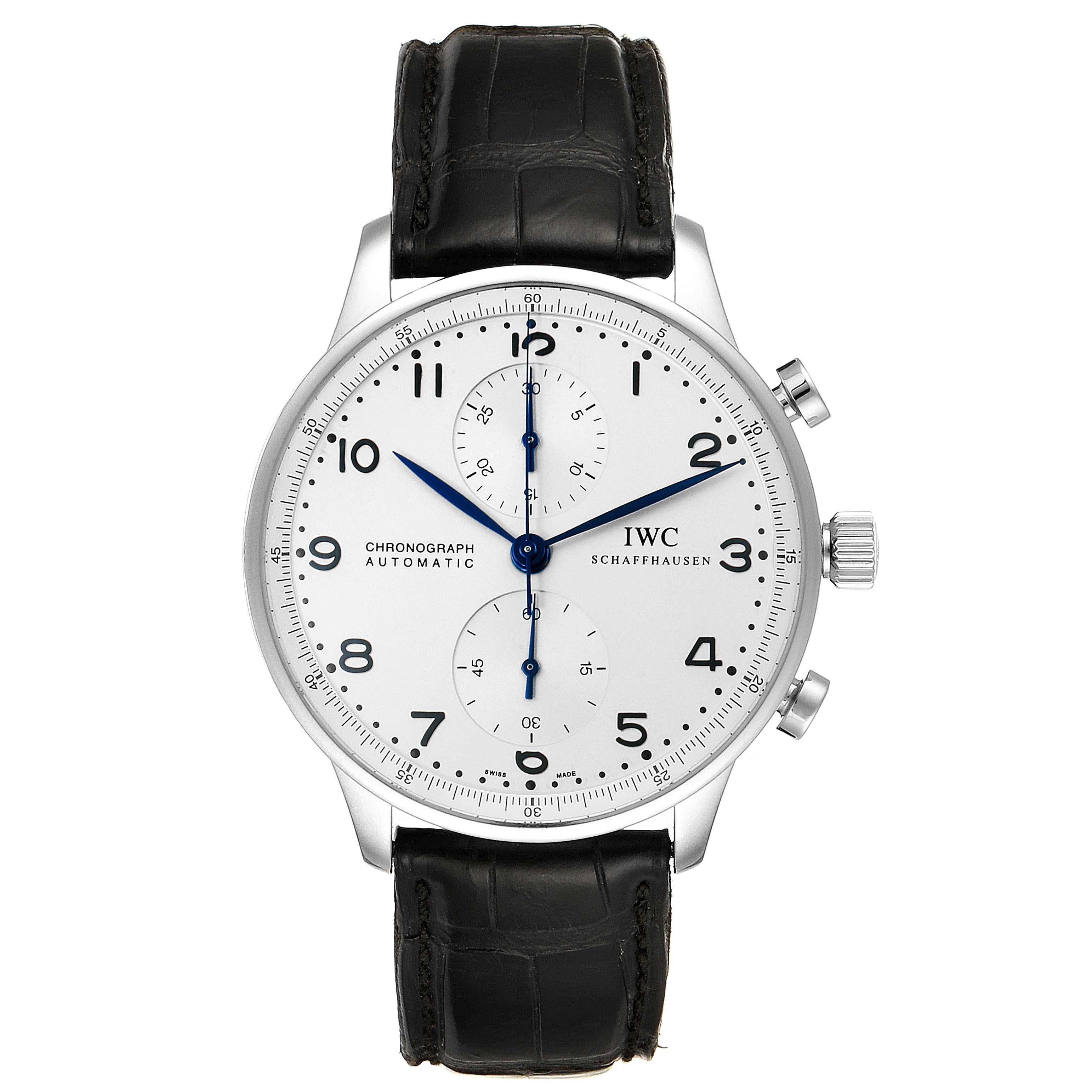 IWC Portuguese Chrono Silver Dial Blue Hands Steel Mens Watch IW371446. Automatic self-winding movement. Stainless steel case 40.9 mm in diameter. . Scratch resistant sapphire crystal. Silver dial with recessed metallic silvered sub-dials and