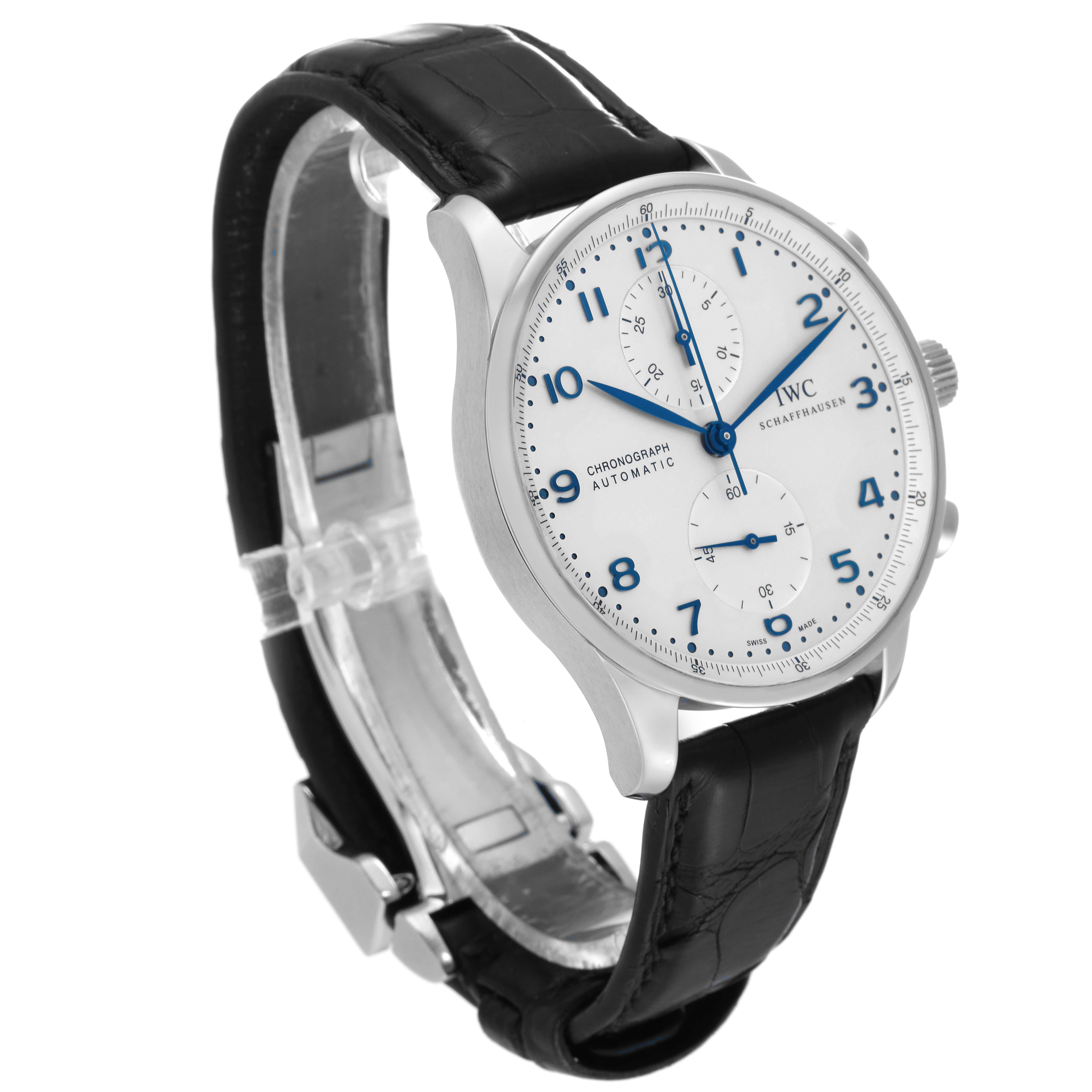 Men's IWC Portuguese Chrono Silver Dial Blue Hands Steel Mens Watch IW371446