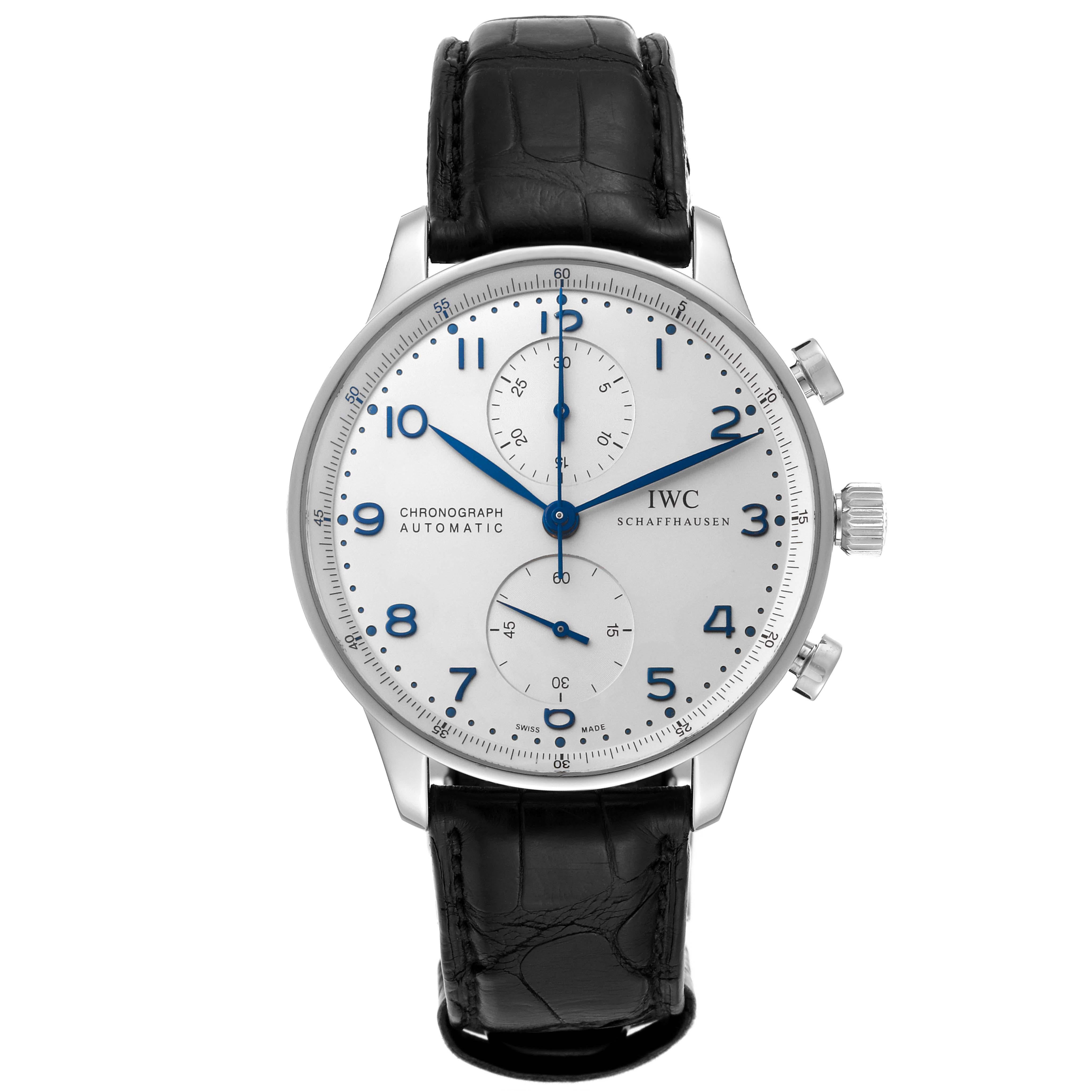 IWC Portuguese Chrono Silver Dial Blue Hands Steel Mens Watch IW371446 1