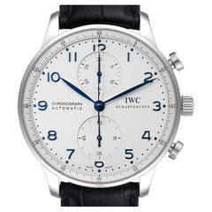 IWC Portugiesische Chrono-Silber-Zifferblatt-Herrenuhr aus Stahl mit blauen Griffen IW371446