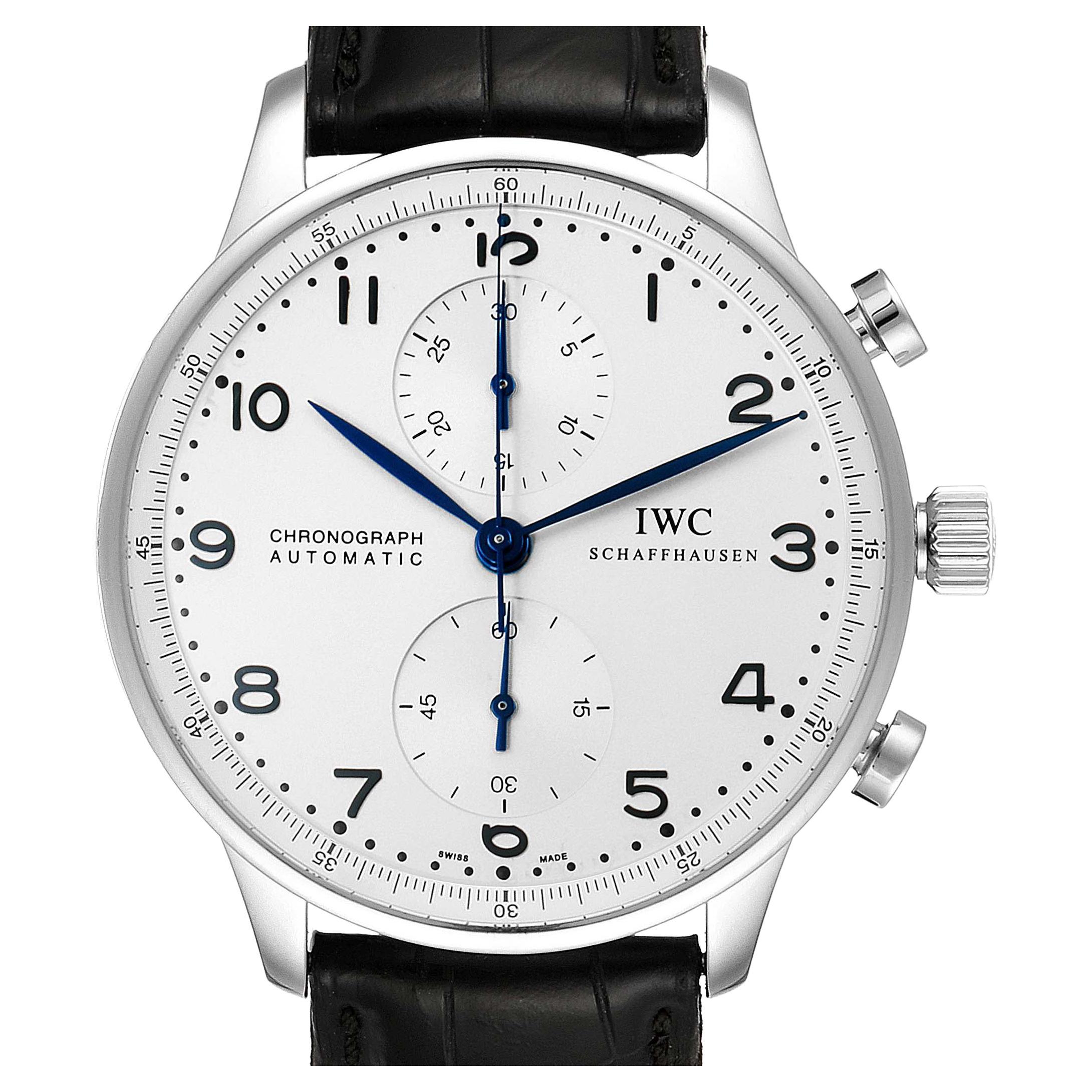 IWC Portuguese Chrono Silver Dial Blue Hands Steel Mens Watch IW371446