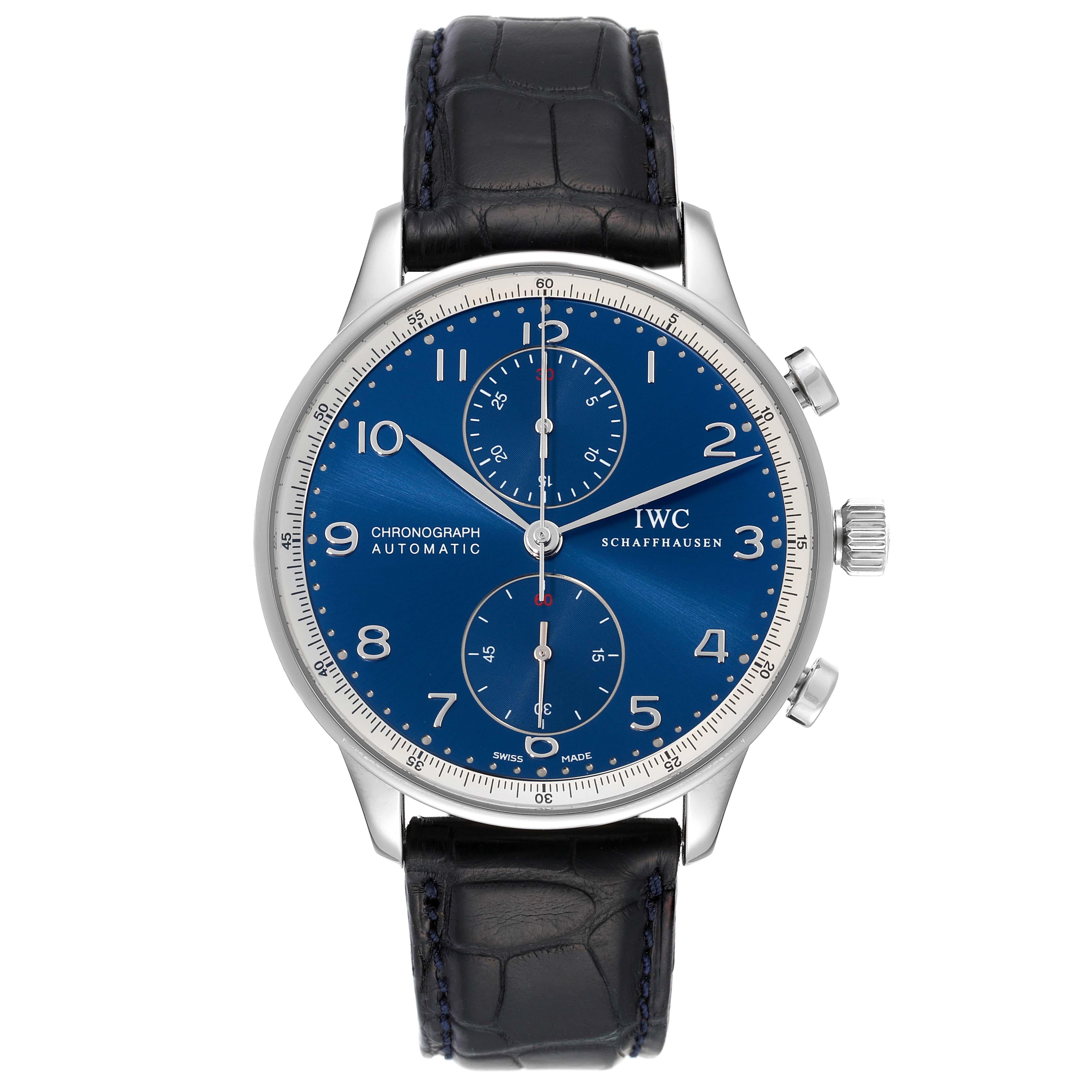 IWC Portuguese Chronograph Blue Dial Steel Mens Watch IW371432 Box Card. Automatic self-winding movement. Stainless steel case 40.9 mm in diameter. 'Laureus Sport for Good' logo ingraving on a caseback. . Scratch resistant sapphire crystal. Blue