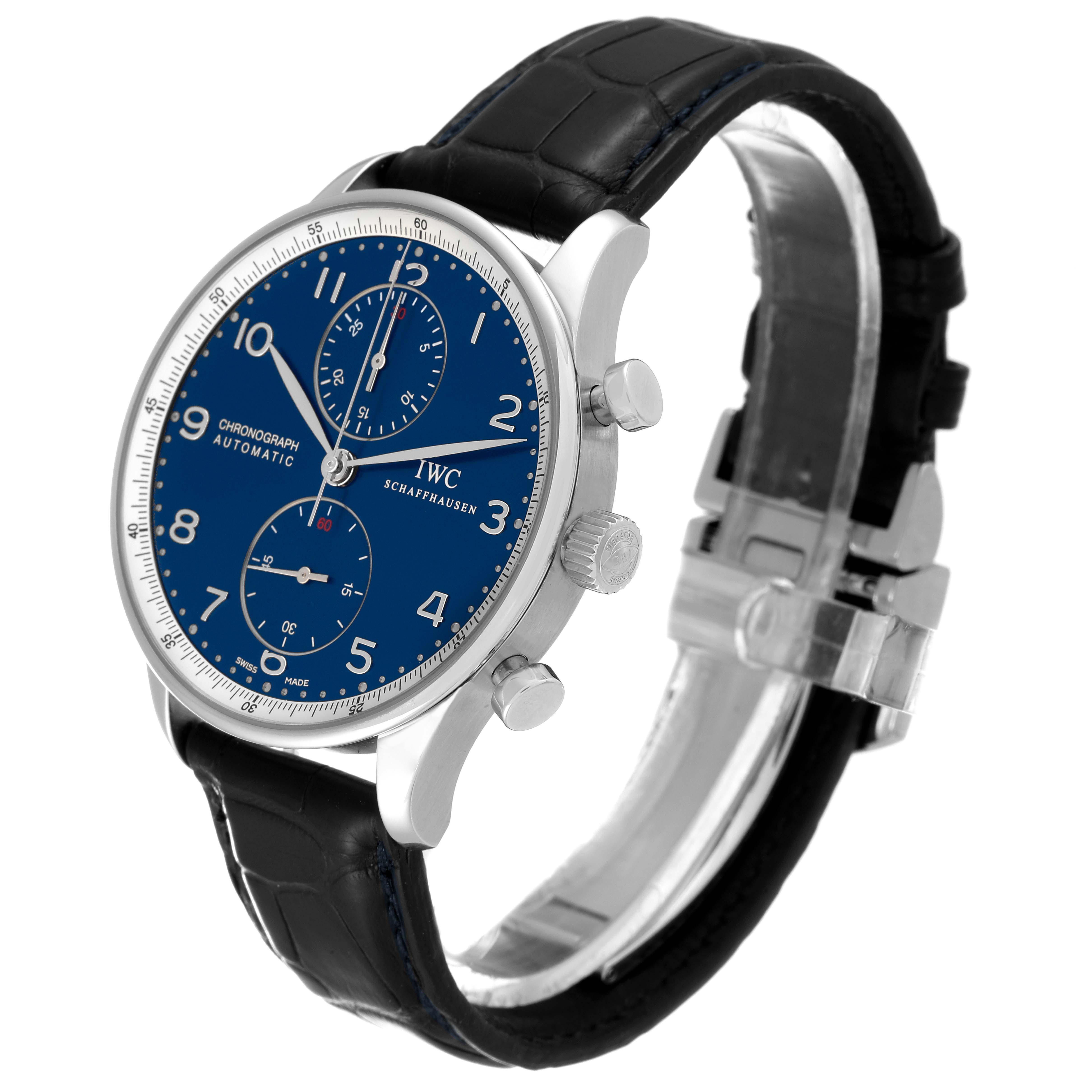 IWC Portuguese Chronograph Blue Dial Steel Mens Watch IW371432 Box Card In Excellent Condition For Sale In Atlanta, GA