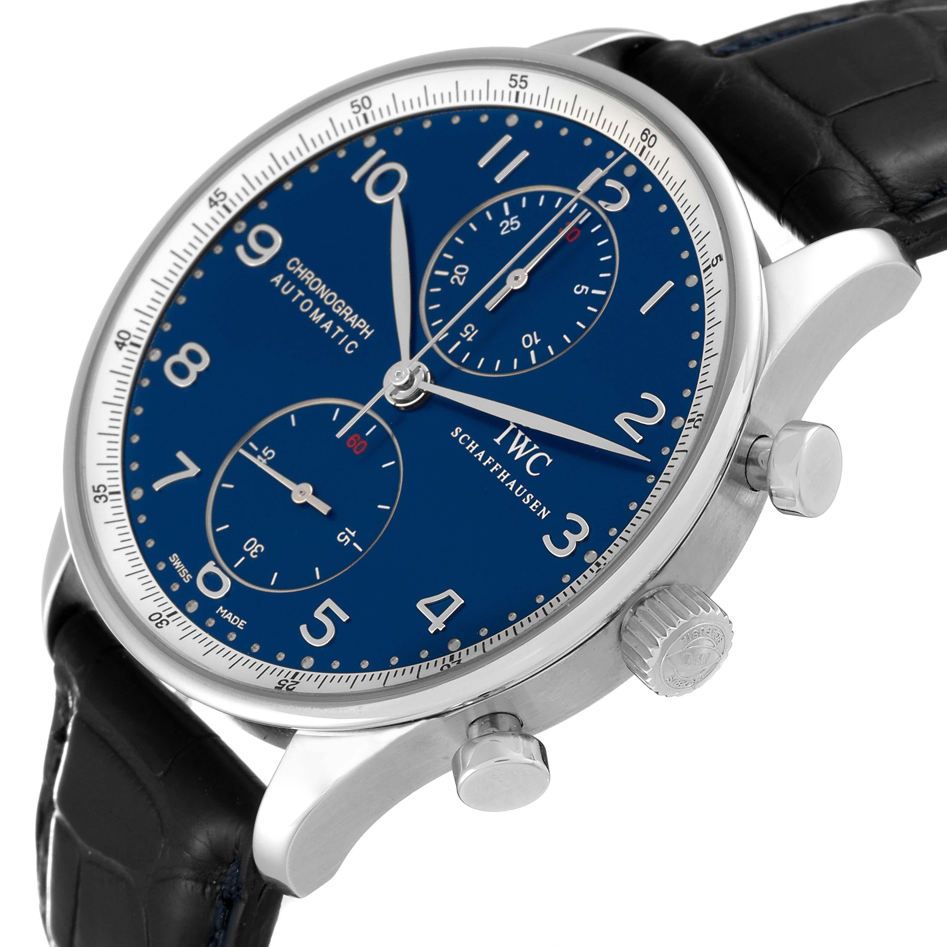 Men's IWC Portuguese Chronograph Blue Dial Steel Mens Watch IW371432 Box Card For Sale