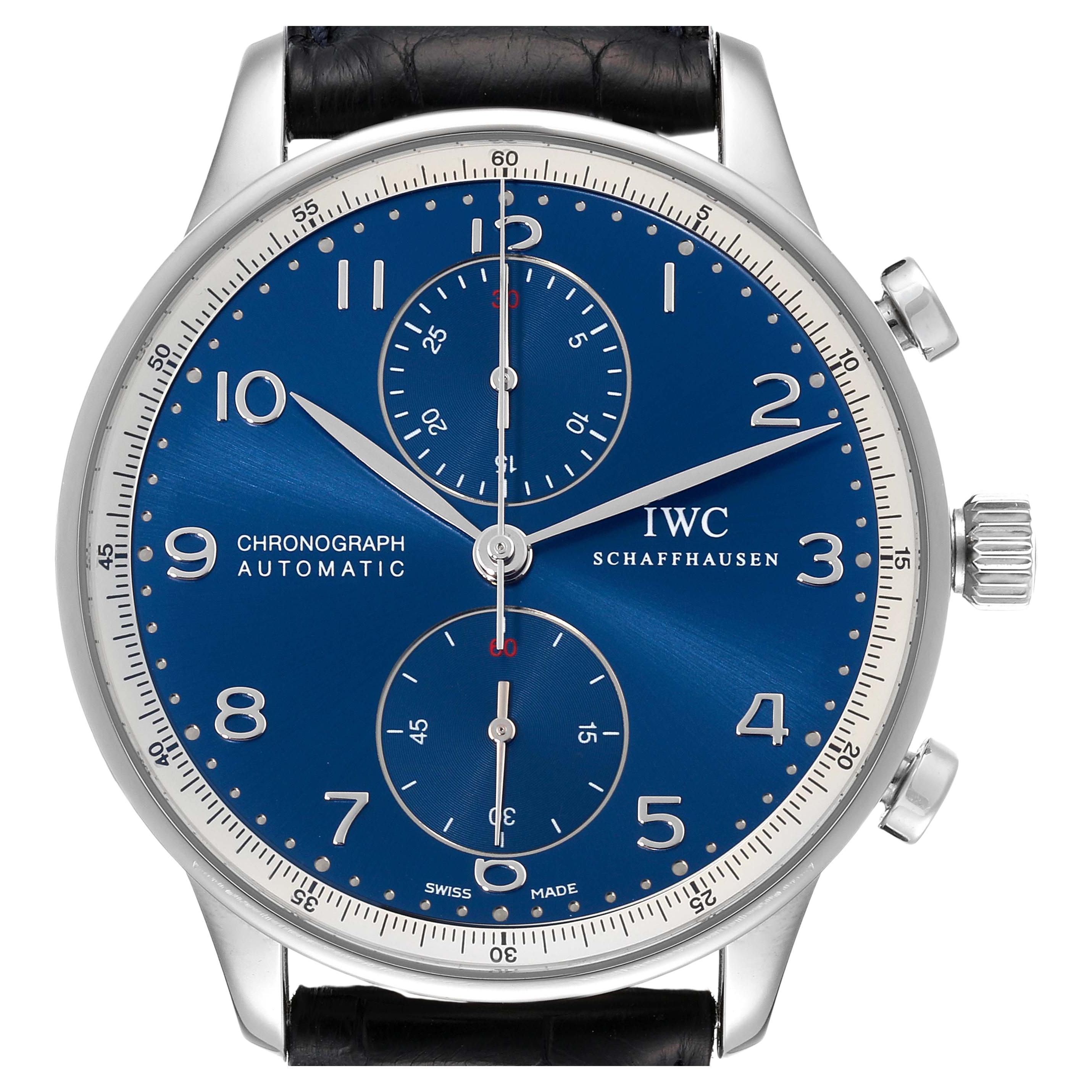 IWC Portuguese Chronograph Blue Dial Steel Mens Watch IW371432 Box Card For Sale