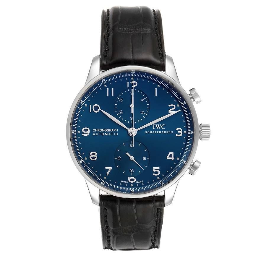 IWC Portuguese Chronograph Blue Dial Steel Mens Watch IW371491 Box Card. Automatic self-winding movement. Stainless steel case 40.9 mm in diameter. . Scratch resistant sapphire crystal. Blue dial with applied arabic numerals and dot minute markers.