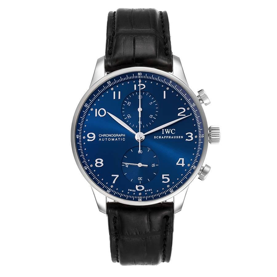IWC Portuguese Chronograph Blue Dial Steel Mens Watch IW371491 Box Papers. Automatic self-winding movement. Stainless steel case 40.9 mm in diameter. . Scratch resistant sapphire crystal. Blue dial with applied arabic numerals and dot minute