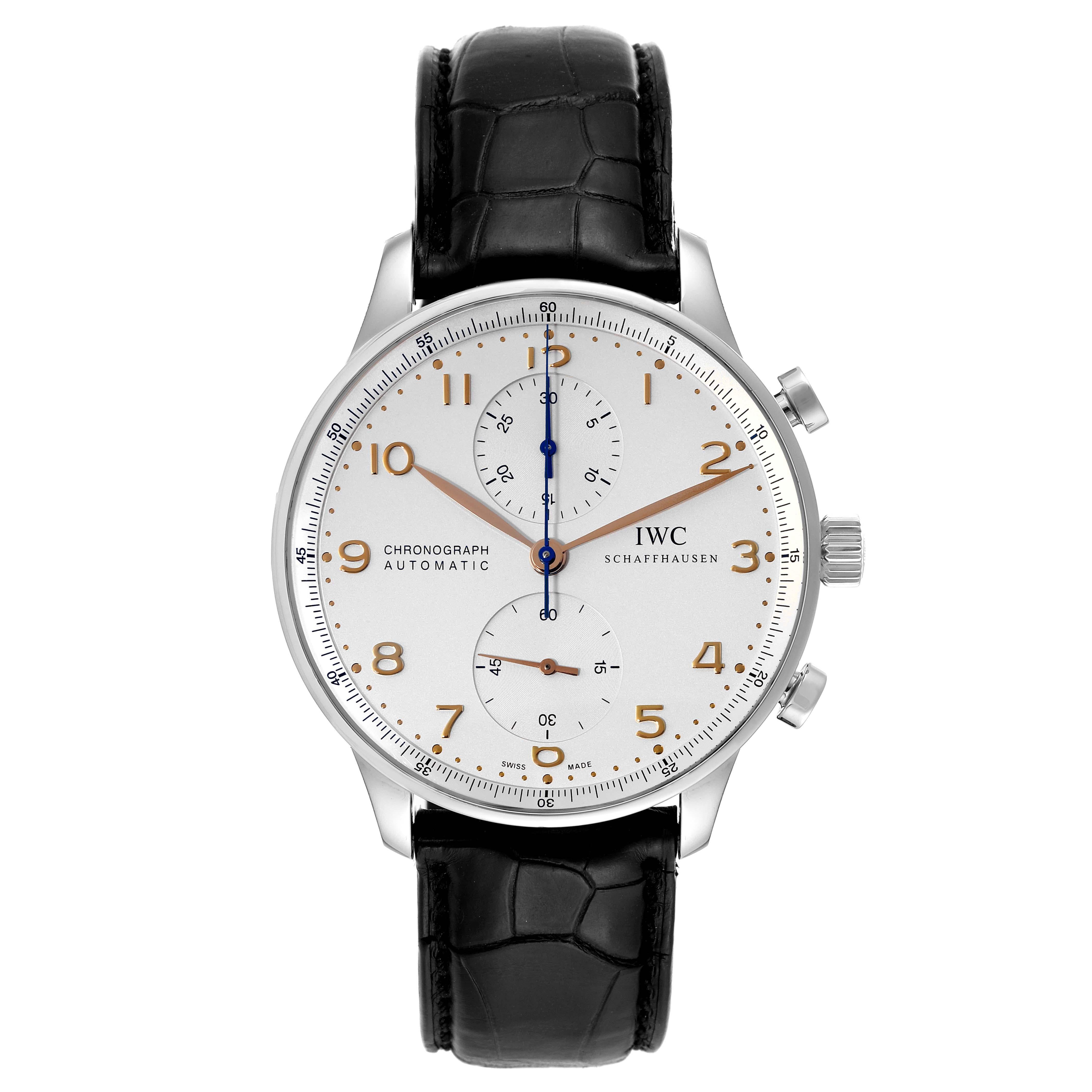 IWC Portuguese Chronograph Silver Dial Steel Mens Watch IW371401 Box Card. Automatic self-winding chronograph movement. Stainless steel case 40.9 mm in diameter. . Scratch resistant sapphire crystal. Silvered dial with raised rose gold Arabic