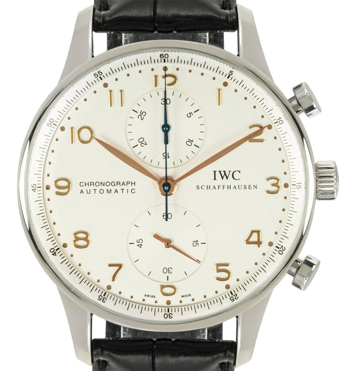A stainless steel Portuguese Chronograph wristwatch by IWC. Featuring a silver dial, which is protected by a sapphire crystal. The watch further features two chronograph counters and minutes around the outer edge which is indicated by the blued