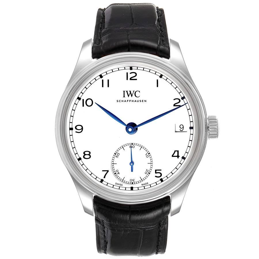 IWC Portuguese Eight Days Manual Wind Steel Mens Watch IW510212 Unworn. Manual winding movement. Stainless steel case 43.0 mm in diameter. Exhibition sapphire crystal case back. . Scratch resistant sapphire crystal. Silvered dial with small seconds