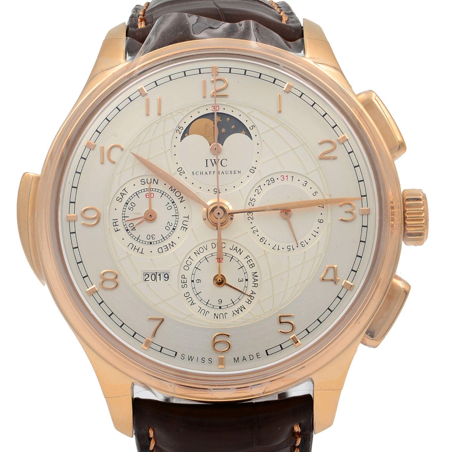 This  never been worn  IWC Portuguese IW377402 is a beautiful men's timepiece that is powered by mechanical (automatic) movement which is cased in a rose gold case. It has a round shape face, annual calendar, day indicator, chronograph, date