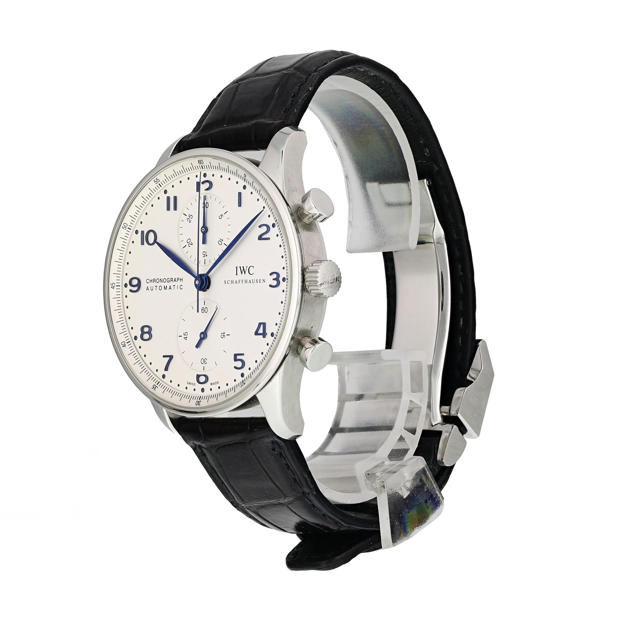 IWC Portuguese IW3714-17 Men Watch. 
41 mmmm Stainless Steel case. 
Stainless Steel Stationary bezel. 
Silver dial with blue steel hands and Arabic numeral hour markers. 
Minute markers on the outer dial. 
Original IWC Leather Strap with deployment