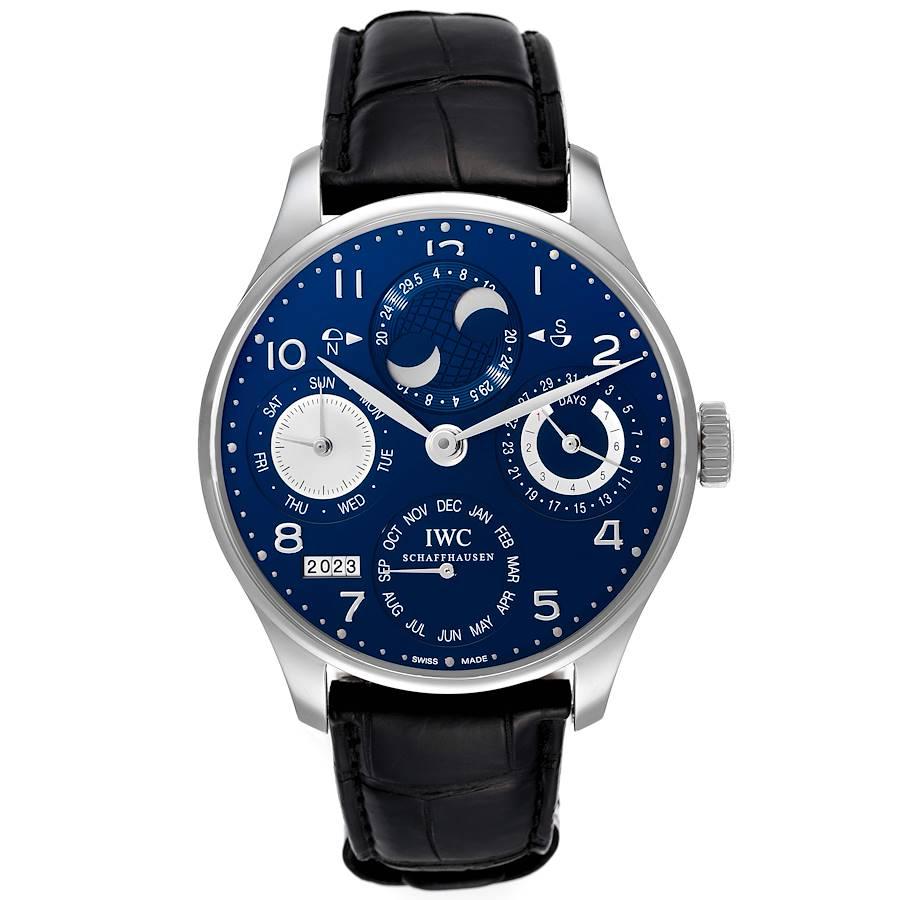 IWC Portuguese Perpetual Calendar Blue Dial White Gold Mens Watch IW503203 Card. Automatic self-winding movement. IWC Caliber 51614, 62 Jewels. 18k white gold case 44.2 mm in diameter. Transparent exhibition sapphire crystal case back. . Scratch