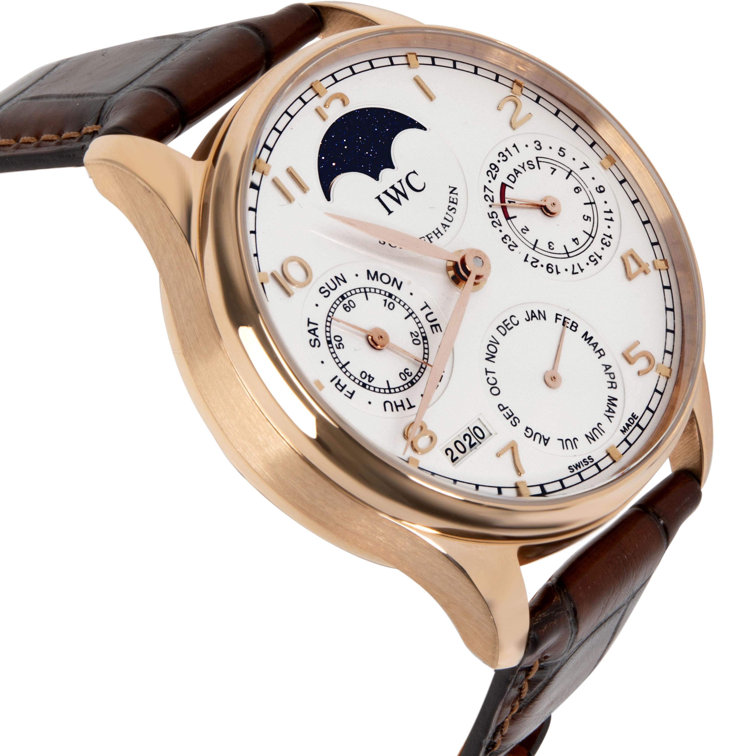 IWC Portuguese Perpetual Calendar Moonphase IW502306 Men's Watch in 18kt Rose Gold

SKU: 104729

PRIMARY DETAILS
Brand:  IWC
Model: Portuguese Perpetual Calendar Moonphase
Serial Number: ***
Country of Origin: Switzerland
Movement Type: Mechanical: