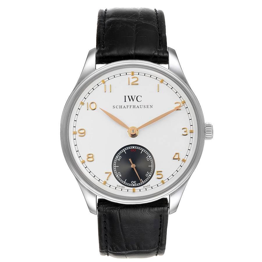 IWC Portuguese Silver Dial Manual Wind Steel Mens Watch IW545405 Card. Manual winding movement. Stainless steel case 44.0 mm in diameter. Exhibition sapphire crystal case back. . Scratch resistant sapphire crystal. Silvered dial with recessed grey