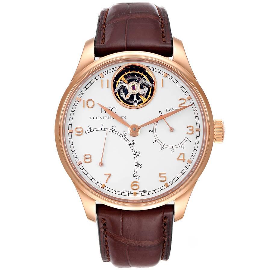 IWC Portuguese Tourbillon Mystere Retrograde Rose Gold Watch IW504402 Box Card. Automatic self-winding chronograph movement. 18K rose gold case 44.2 mm in diameter. Exhibition sapphire crystal caseback. 18k rose gold smooth bezel. Scratch resistant