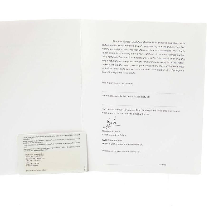 Montre IWC portugaise tourbillon Mystere rétrograde en or rose avec carte boîte IW504402 en vente 1