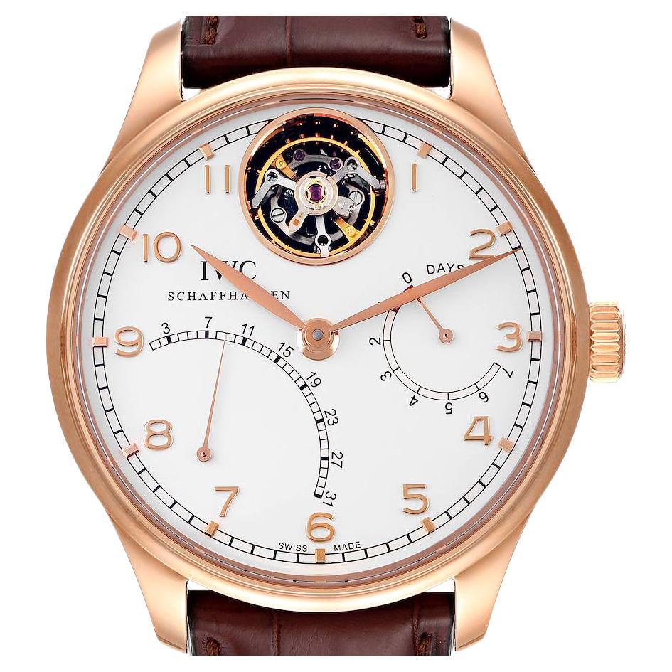 Montre IWC portugaise tourbillon Mystere rétrograde en or rose avec carte boîte IW504402 en vente