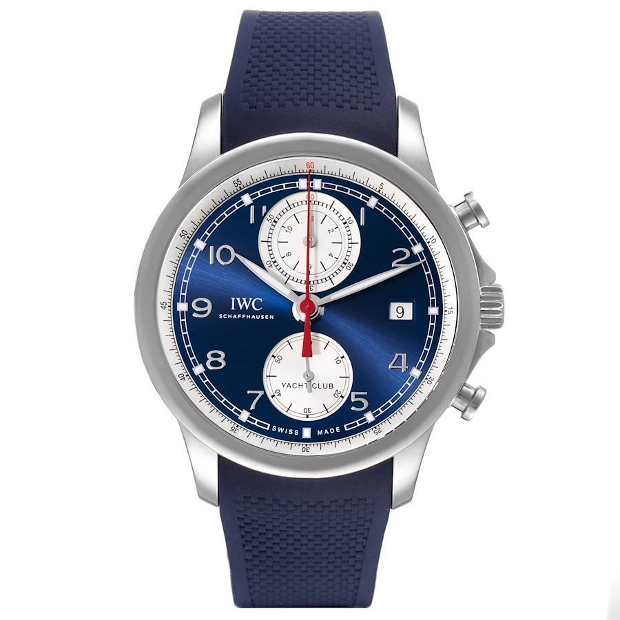 IWC Portuguese Yacht Club Blue Dial Steel Mens Watch IW390507 Box Card. Automatic self-winding movement with 68 hour power reserve. Stainless steel case 43.5 mm in diameter. Exhibition sapphire crystal case back. Stainless steel smooth bezel.
