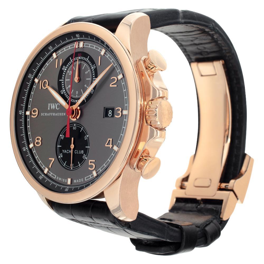 IWC Portuguese Yacht Club Chronograph in 18k rose gold on leather strap with 18k rose gold deployant buckle. Automatic movement under glass w/ subseconds, date and chronograph. Fully factory serviced. 45 mm case size. Ref IW390209. Fine Pre-owned