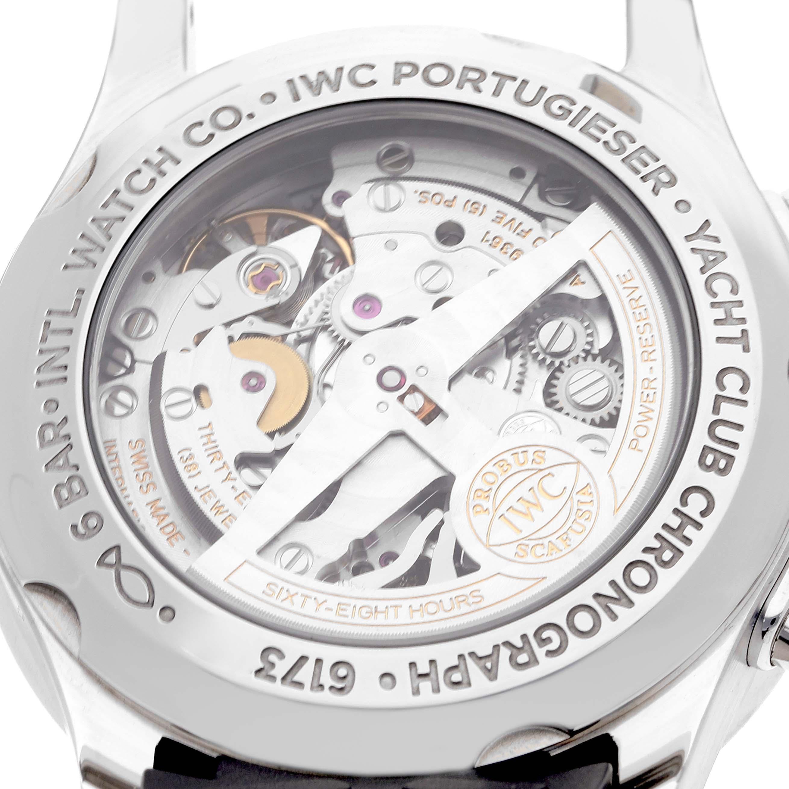 IWC Portuguese Yacht Club Chronograph Steel Mens Watch IW390502 Box Card. Automatic self-winding movement. Stainless steel case 43.5 mm in diameter. Transparent exhibition sapphire crystal caseback. . Scratch resistant sapphire crystal. Silver dial