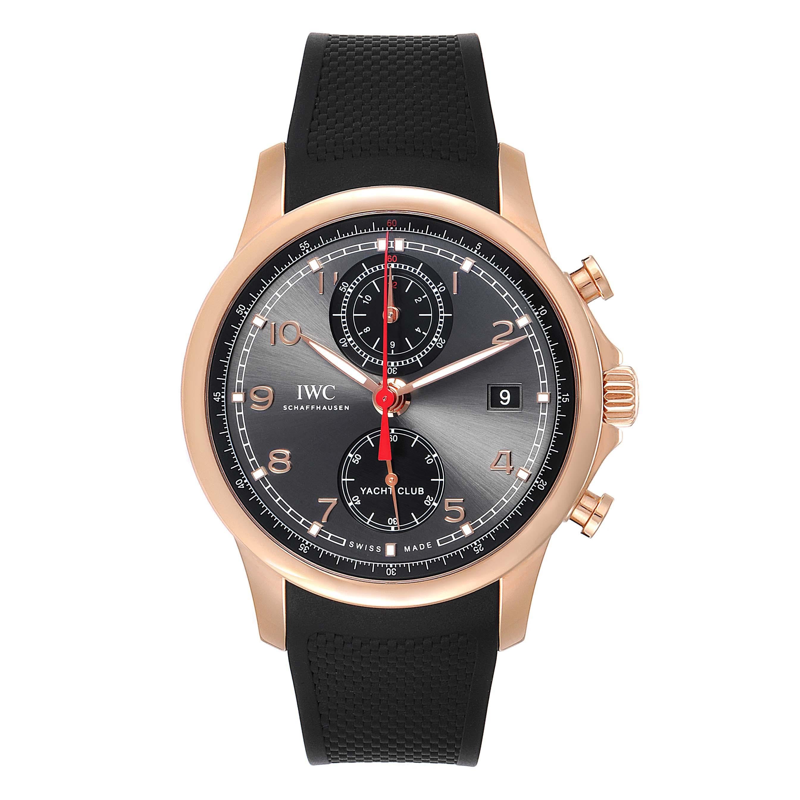 IWC Portuguese Yacht Club Rose Gold Chronograph Watch IW390209 Box Papers. Automatic self-winding movement with 68 hour power reserve. 18K rose gold case 45.4 mm in diameter. Exhibition sapphire crystal case back. 18K Rose gold bezel. Scratch