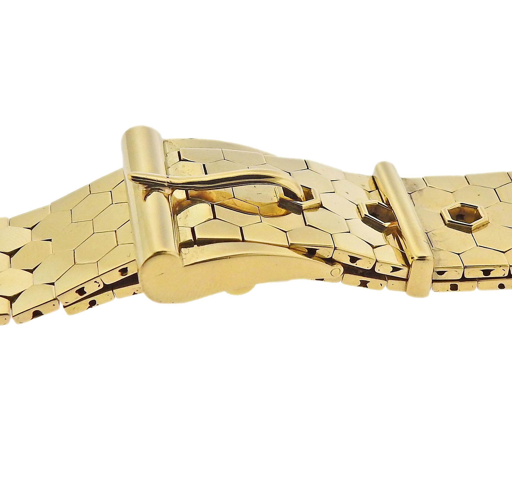 Retro mid century 18k gold honeycomb buckle design bracelet with IWC watch. Bracelet is 6 5/8