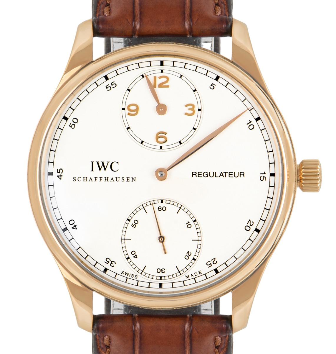 An 18k Rose Gold Portuguese Regulateur Gents Wristwatch IW544402, silver dial with 2 sub dials, hour dial at 12 0'clock with 18k rose gold applied 3, 6, 9 and 12 arabic numbers, small seconds at 6 0'clock, an 18k rose gold centre set minute hand, an