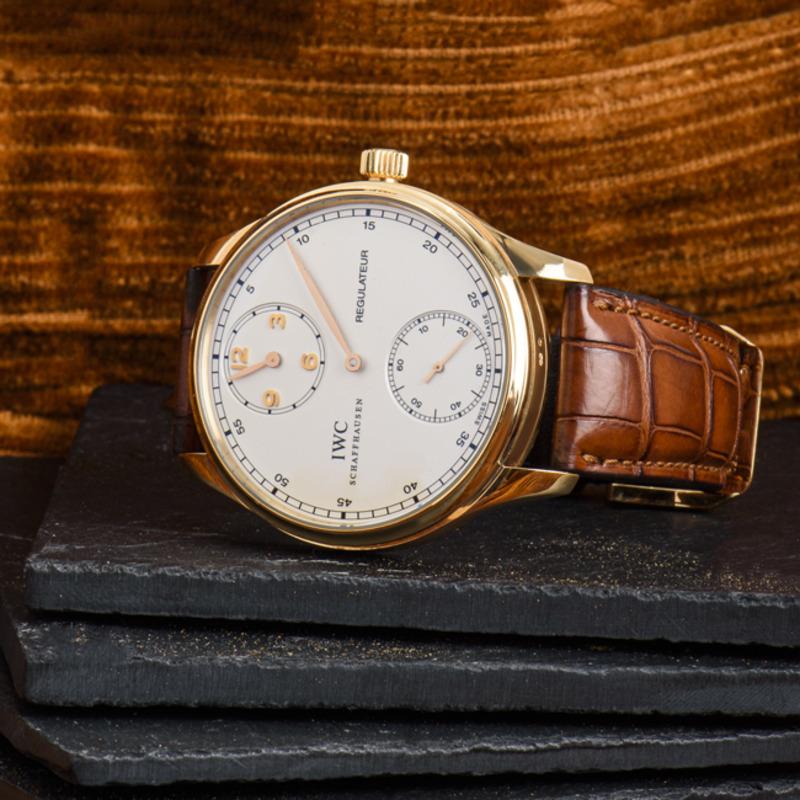 Men's IWC Rose Gold Silver Dial Portuguese Regulateur Manual Wind Wristwatch